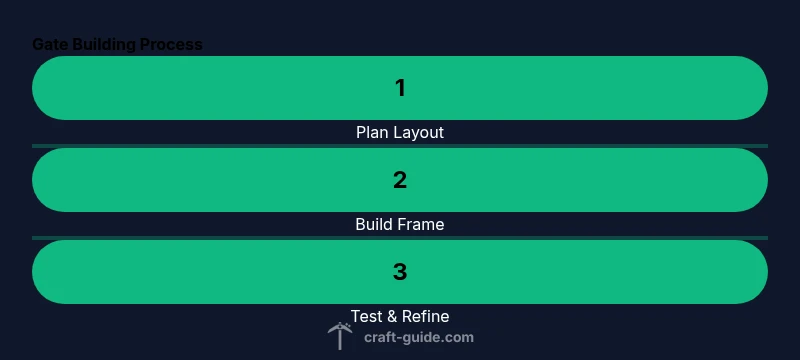 Infographic showing a 3-step gate-building process in Minecraft