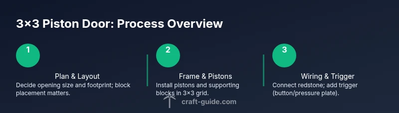 Infographic showing steps to build a 3x3 piston door in Minecraft