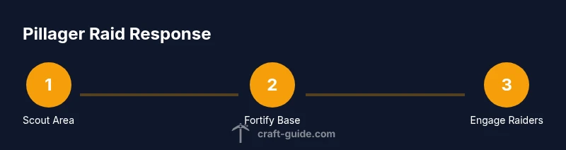 Infographic showing a three-step process to handle pillager raids in Minecraft