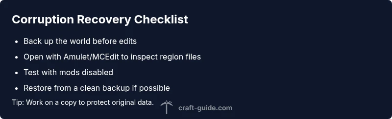 Checklist infographic for repairing a corrupted Minecraft world